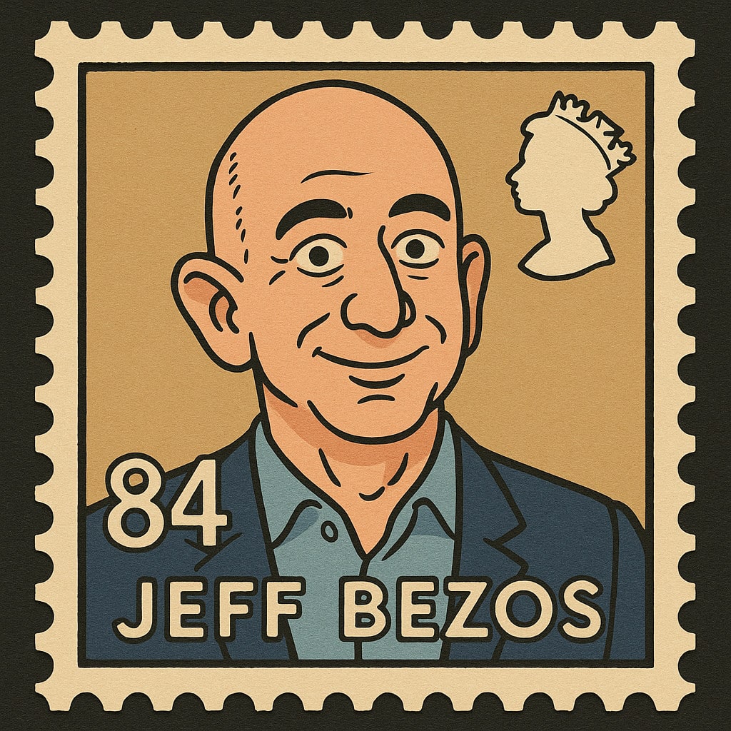 Cartoon Amazon postage stamp of Jeff Bezos
