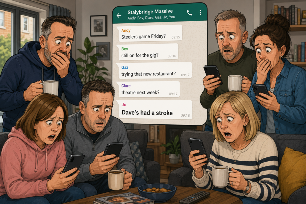 Cartoon of friends reacting to serious health news in a group chat
