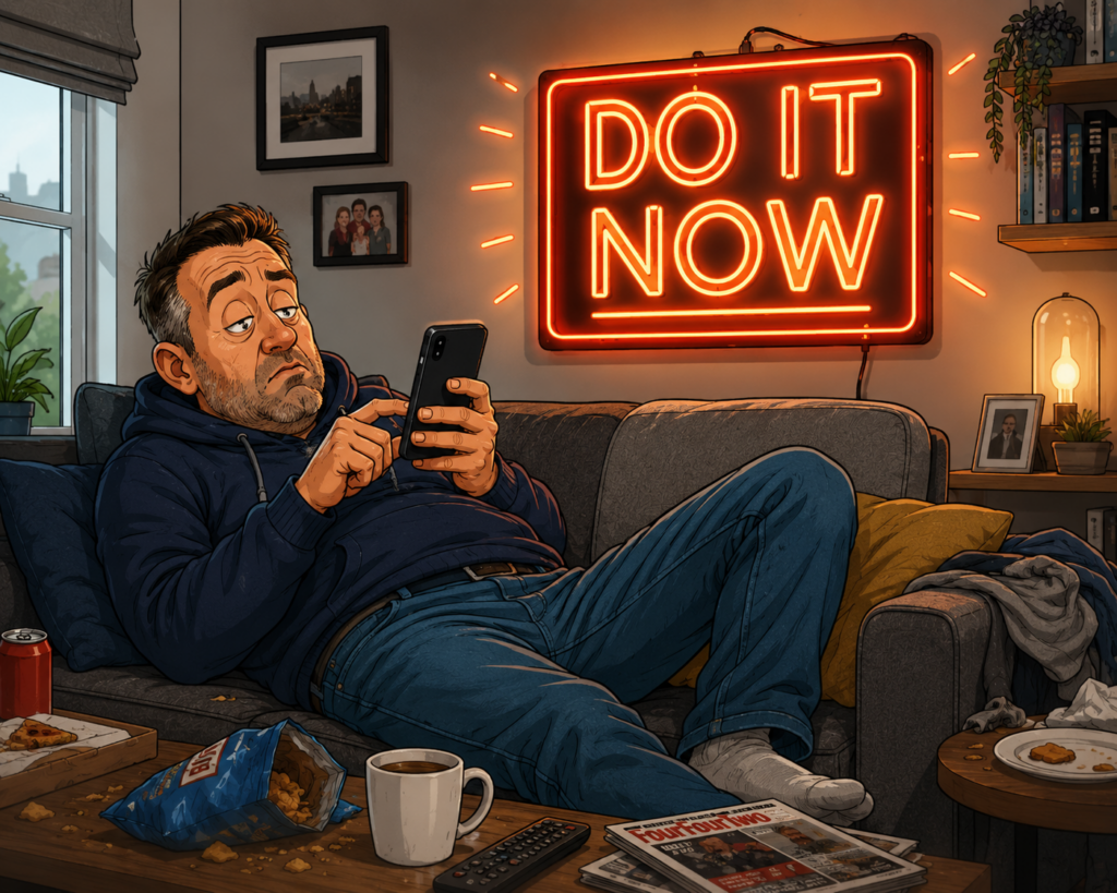 Cartoon of man ignoring important tasks while scrolling phone