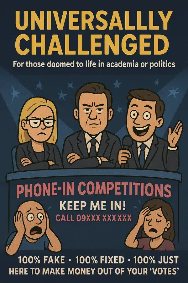 Cartoon parody of modern TV shows, with bored judges labelled “Universally Challenged,” anxious contestants begging for phone-in votes, and a satirical message: “100% Fake, 100% Fixed, 100% Just Here to Make Money Out of Your ‘Votes’.”