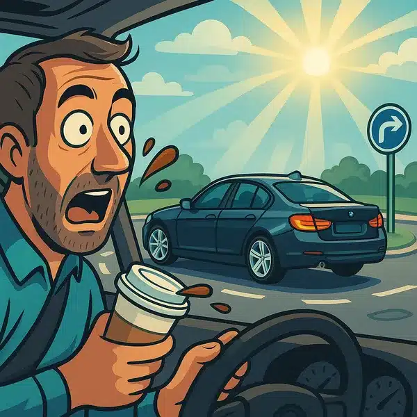 Cartoon of a surprised driver witnessing a courteous BMW using an indicator at a roundabout.