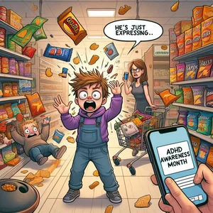 Cartoon of a child having a meltdown in a supermarket aisle while the parent defends the behaviour on their phone, saying it’s ADHD, with bystanders watching in disbelief.