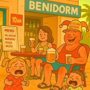 Cartoon of a sunburned British family drinking beer outside a bar at 10am in Benidorm, with crying children and a laminated Full English menu.