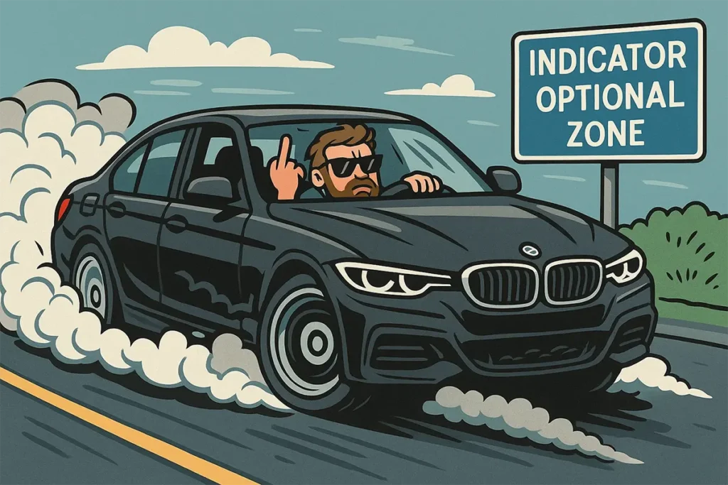 Black BMW speeding with indicator off and a sign saying “Indicator Optional Zone”