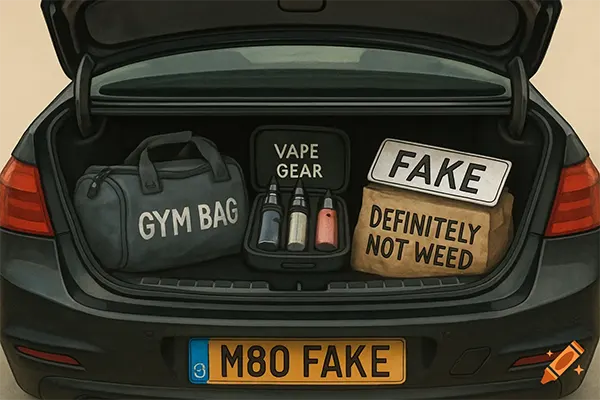 Satirical contents of a BMW boot with fake plates, vape gear, and a “not weed” parcel