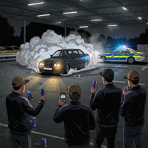 Car meet in a British retail park with BMW doing doughnuts, lads filming, and police in pursuit