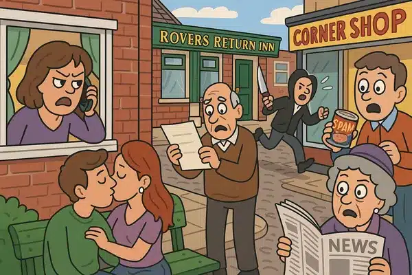 Cartoon of chaotic British soap opera scenes with exaggerated drama and mundane tasks like buying spam.