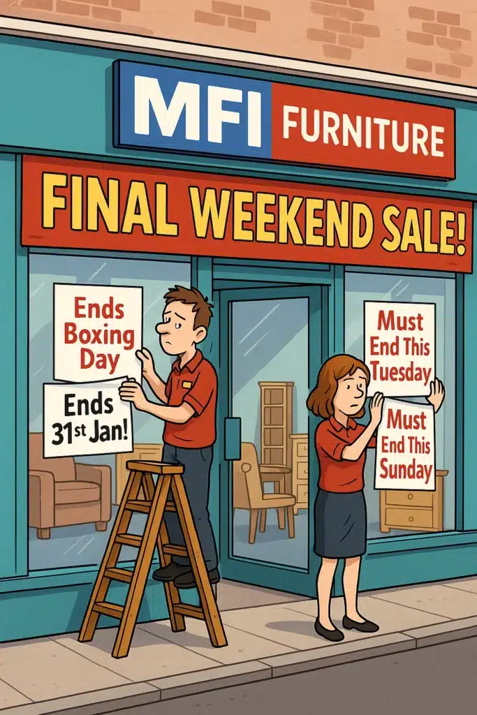 Cartoon of a furniture store running an endless sofa sale, with signs being swapped weekly.