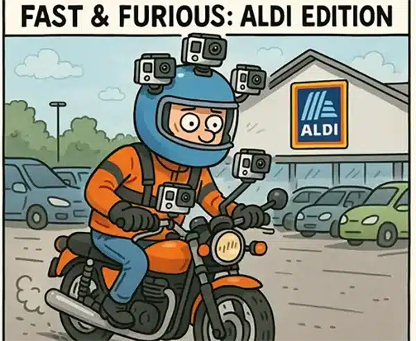 A cartoon of a middle-aged biker decked out in GoPros on his helmet, chest, and handlebars, riding dramatically through a supermarket car park while pedestrians look unimpressed.