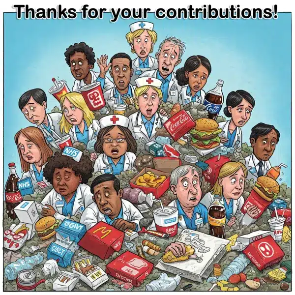 NHS staff surrounded by the junk food that funds them