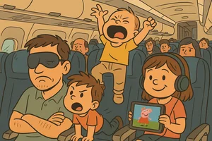 Cartoon of chaotic airplane cabin with kids screaming, kicking seats, and watching Peppa Pig, while a grumpy passenger tries to sleep.