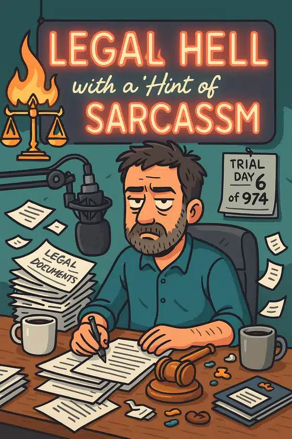 Cartoon of a weary podcast host surrounded by legal documents, coffee cups, and burning scales of justice, with a neon sign reading “Legal Hell with a Hint of Sarcasm.”