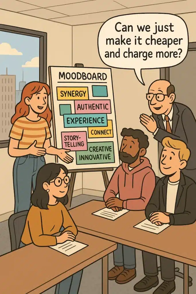 Cartoon of marketing team using jargon-filled moodboards while a business exec quietly prioritises profit.