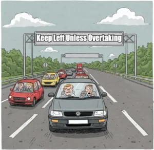 Cartoon of a smug middle-lane hogger in a grey VW Passat on a British motorway, ignoring a ‘Keep Left’ sign while traffic builds behind.