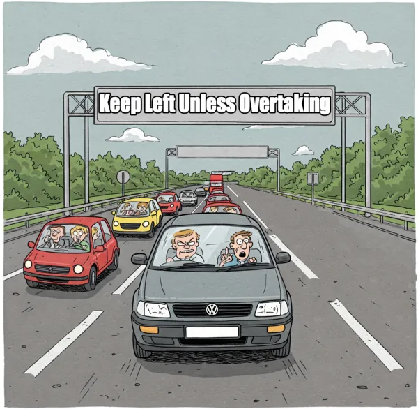 Cartoon of a smug middle-lane hogger in a grey VW Passat on a British motorway, ignoring a ‘Keep Left’ sign while traffic builds behind.