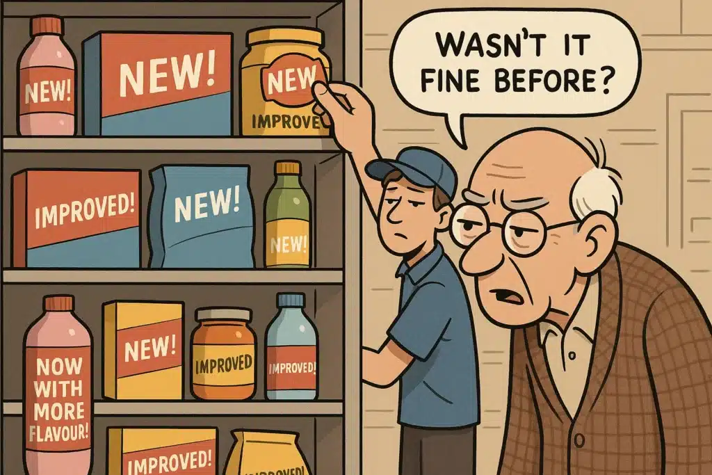 Cartoon of supermarket shelf full of “New” and “Improved” products, with a confused shopper wondering what’s actually changed.