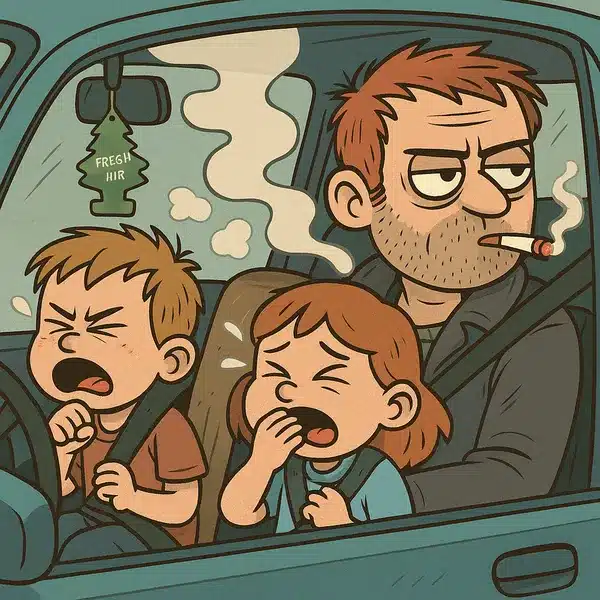 Sarcastic cartoon of two kids coughing in the back seat while a parent chain-smokes in a closed car with a 'fresh air' tree hanging from the mirror.
