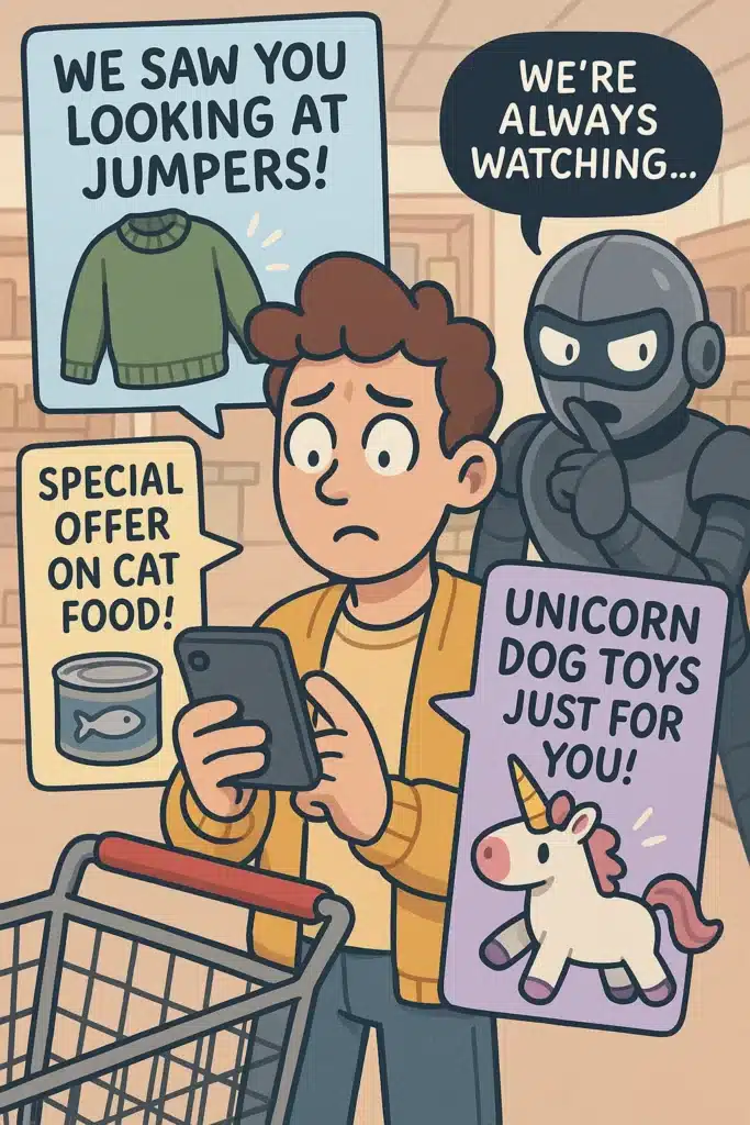 Cartoon of a shopper overwhelmed by absurdly personalised ads based on random online searches, with a creepy marketing robot looming in the background.