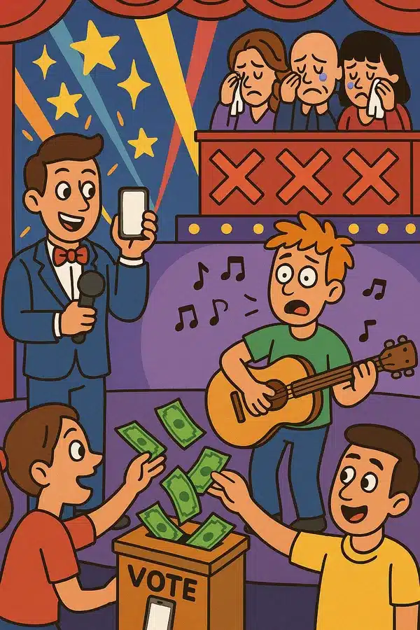 Cartoon parody of a phone-in talent show with over-the-top drama and confused contestants.
