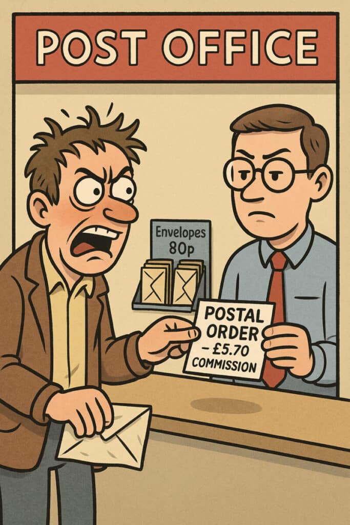 Cartoon of a frustrated Post Office customer being charged £5.70 commission for a postal order and 80p for a flimsy envelope.