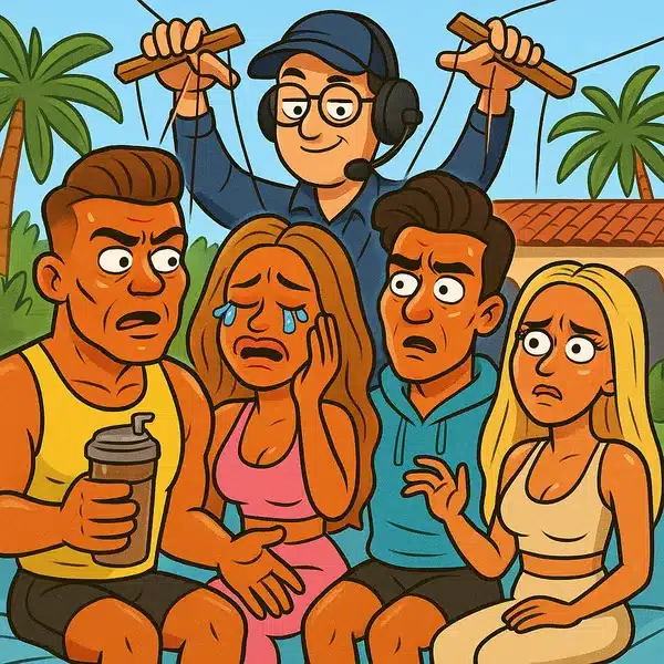 Cartoon of stereotypical reality TV stars with exaggerated features being manipulated behind the scenes.