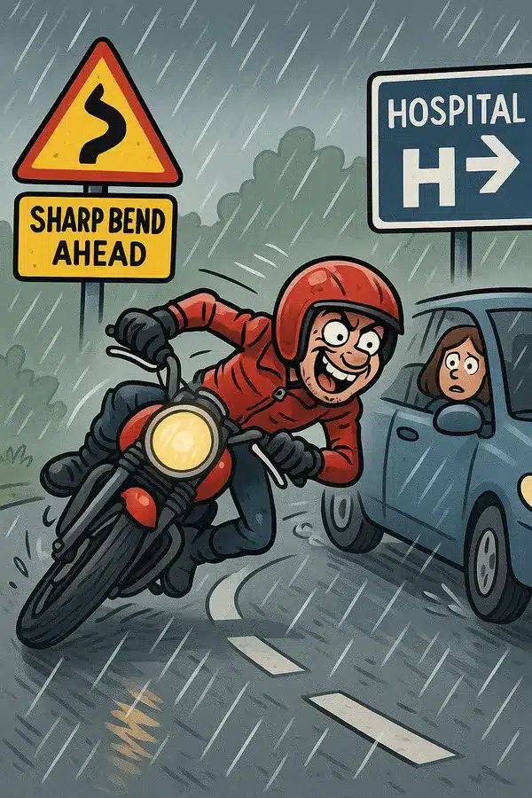 Cartoon of a reckless motorcyclist overtaking at high speed on a wet bend while ignoring warning signs and heading the wrong way from a hospital.