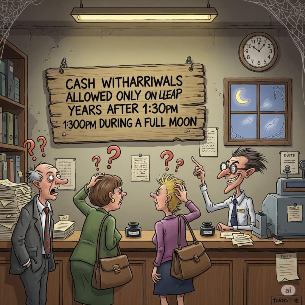 Cartoon of a Post Office with absurd rules like cash withdrawals only on leap years during a full moon, leaving baffled customers confused.