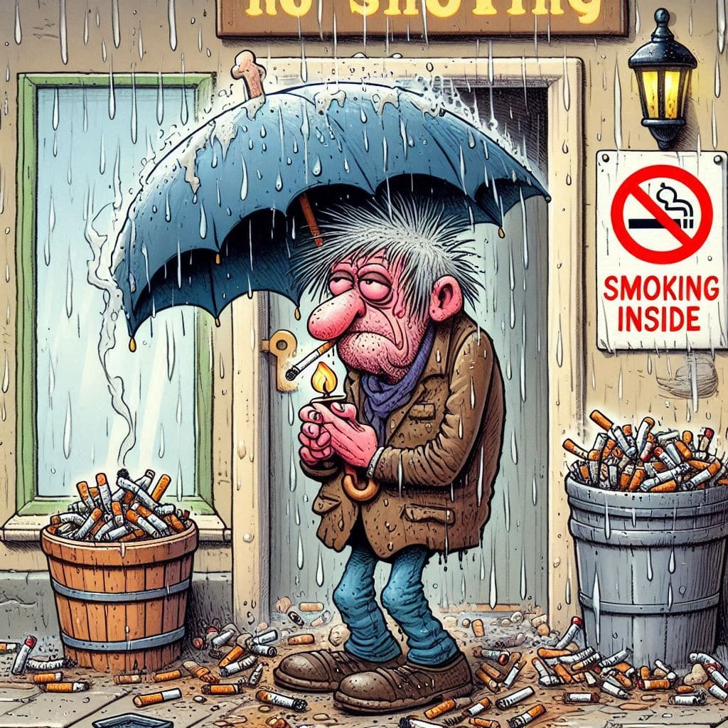Cartoon of a soggy smoker outside