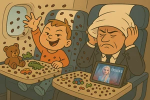 Cartoon of a smug toddler in Business Class throwing raisins and playing Frozen 2, next to a businessman trying to sleep with a pillow on his head.