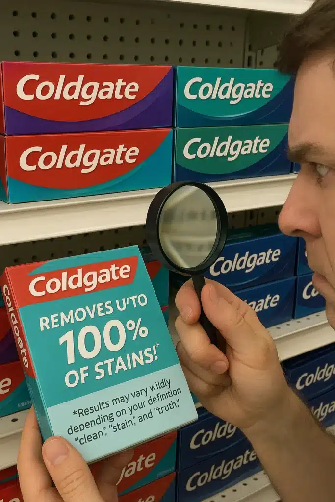 Photo of toothpaste packaging with exaggerated marketing claim “Removes up to 100% of stains!” and a satirical asterisk note: “Results may vary wildly depending on your definition of ‘clean’, ‘stain’, and ‘truth’.”